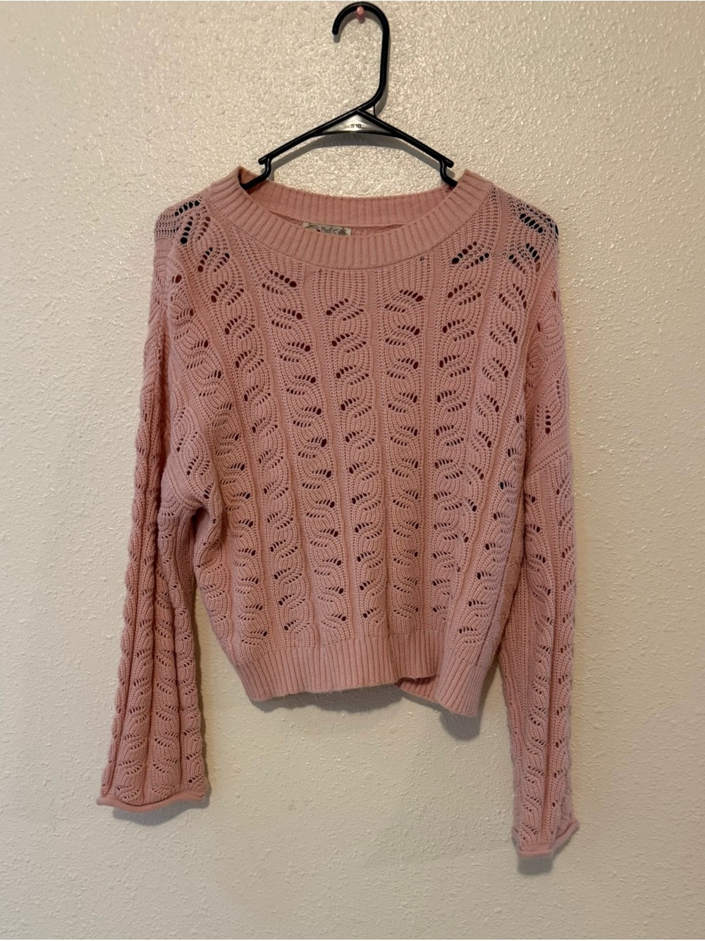 Poof! Dusty Pink Openwork Crewneck Sweater